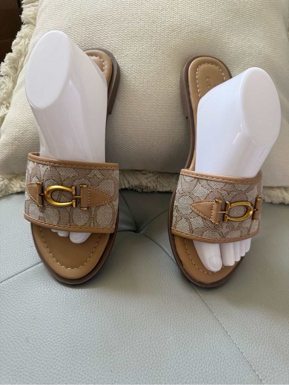 Neutral Tan Slide Sandals with Gold Buckle Accent
